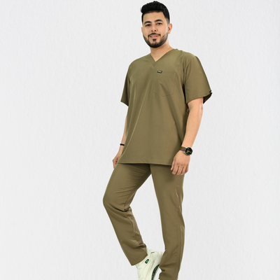 Men PrimaFlex 4 Way Stretch 8 Pocket V Neck Scrub Set - Khaki