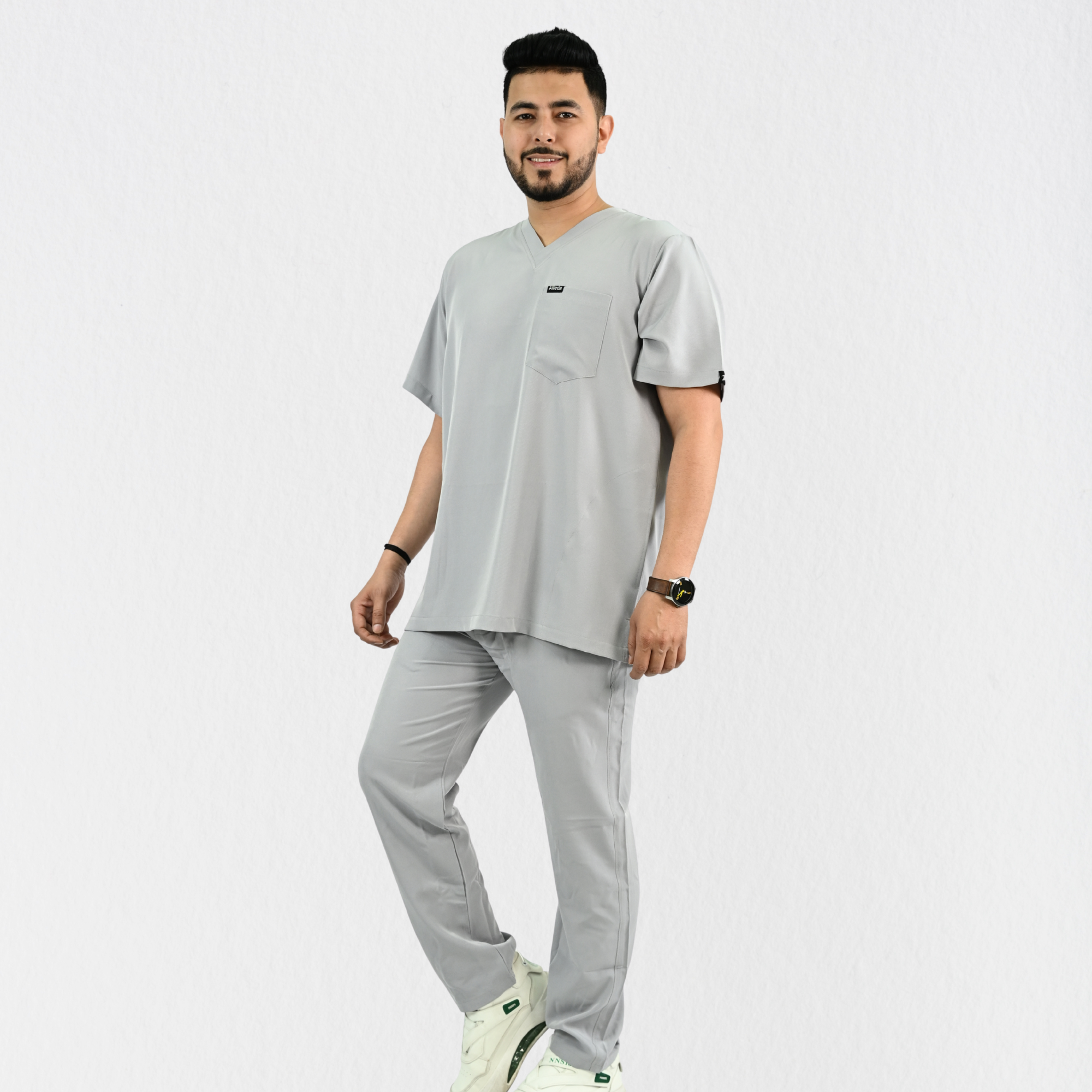 Men PrimaFlex 4 Way Stretch 8 Pocket V Neck Scrub Set - Light Grey