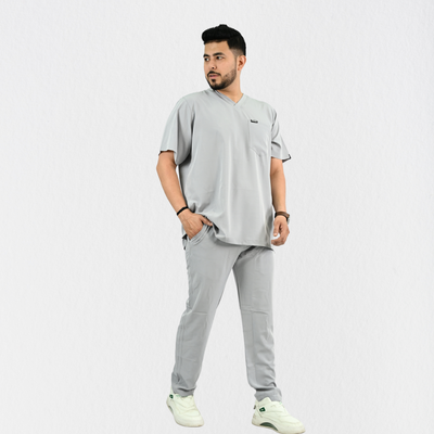 Men PrimaFlex 4 Way Stretch 8 Pocket V Neck Scrub Set - Light Grey