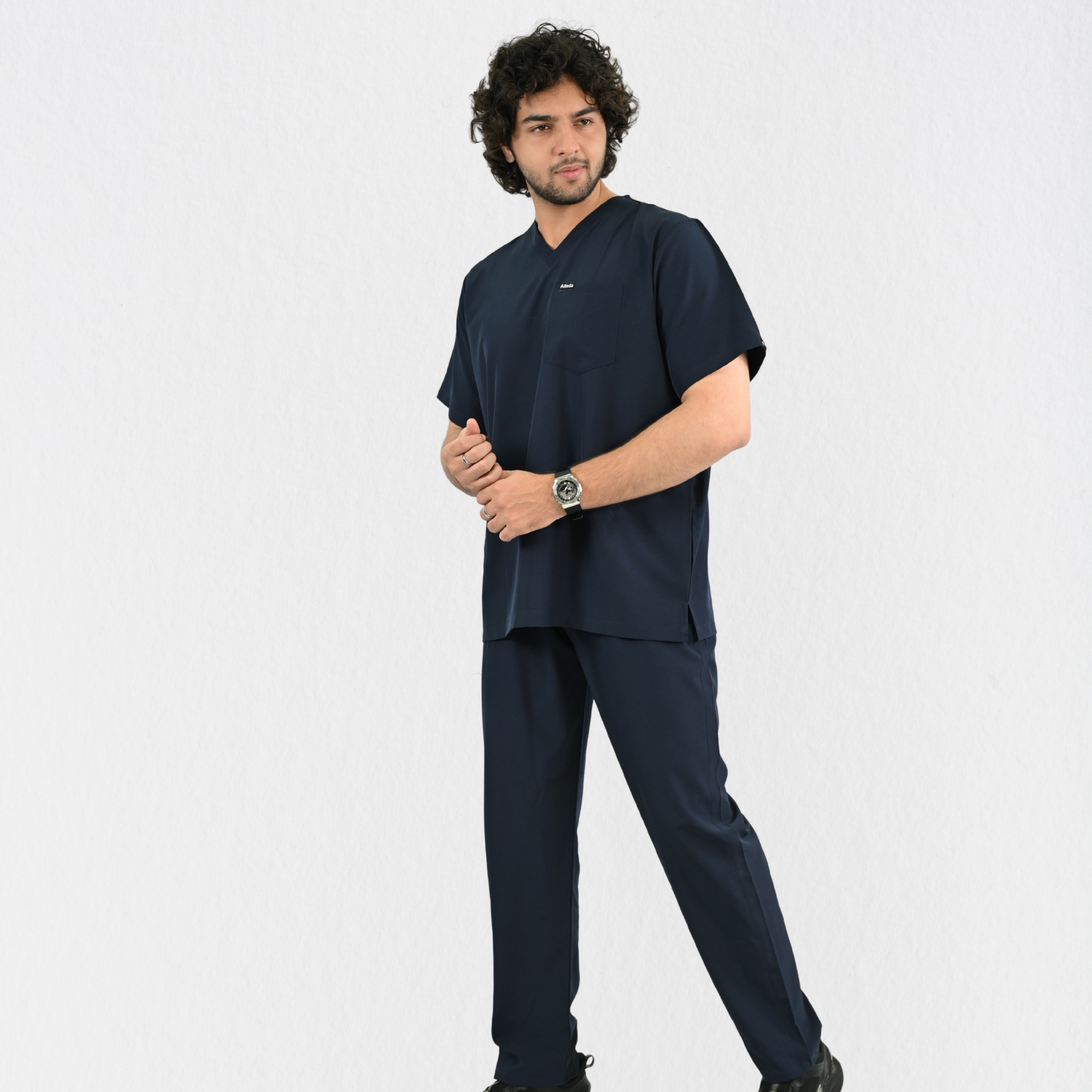 Men PrimaFlex 4 Way Stretch 8 Pocket V Neck Scrub Set - Navy Blue