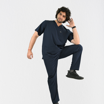 Men PrimaFlex 4 Way Stretch 8 Pocket V Neck Scrub Set - Navy Blue