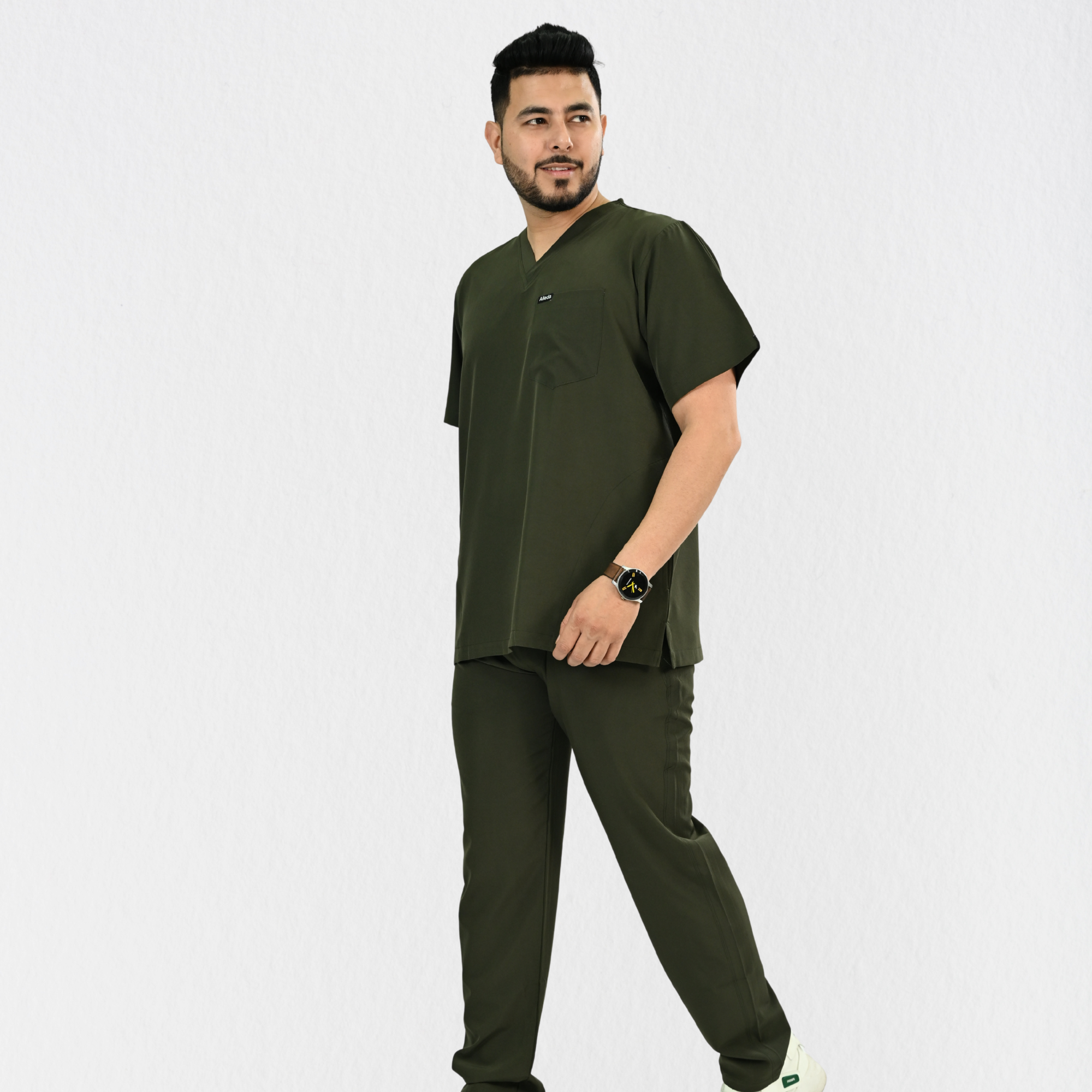 Men PrimaFlex 4 Way Stretch 8 Pocket V Neck Scrub Set - Olive