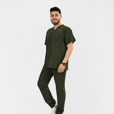 Men PrimaFlex 4 Way Stretch 8 Pocket V Neck Scrub Set - Olive