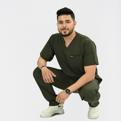 Men PrimaFlex 4 Way Stretch 8 Pocket V Neck Scrub Set - Olive