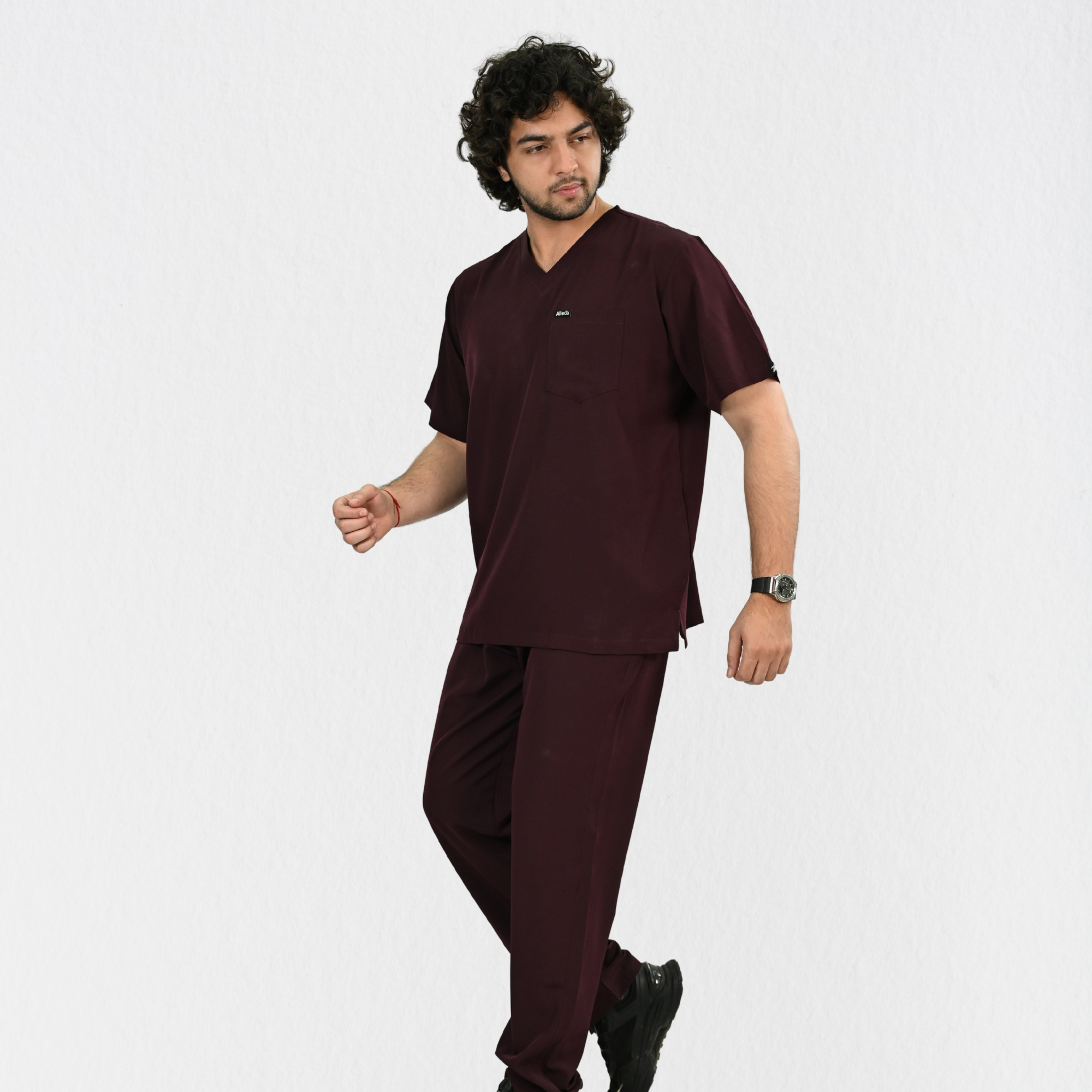 Men PrimaFlex 4 Way Stretch 8 Pocket V Neck Scrub Set - Wine