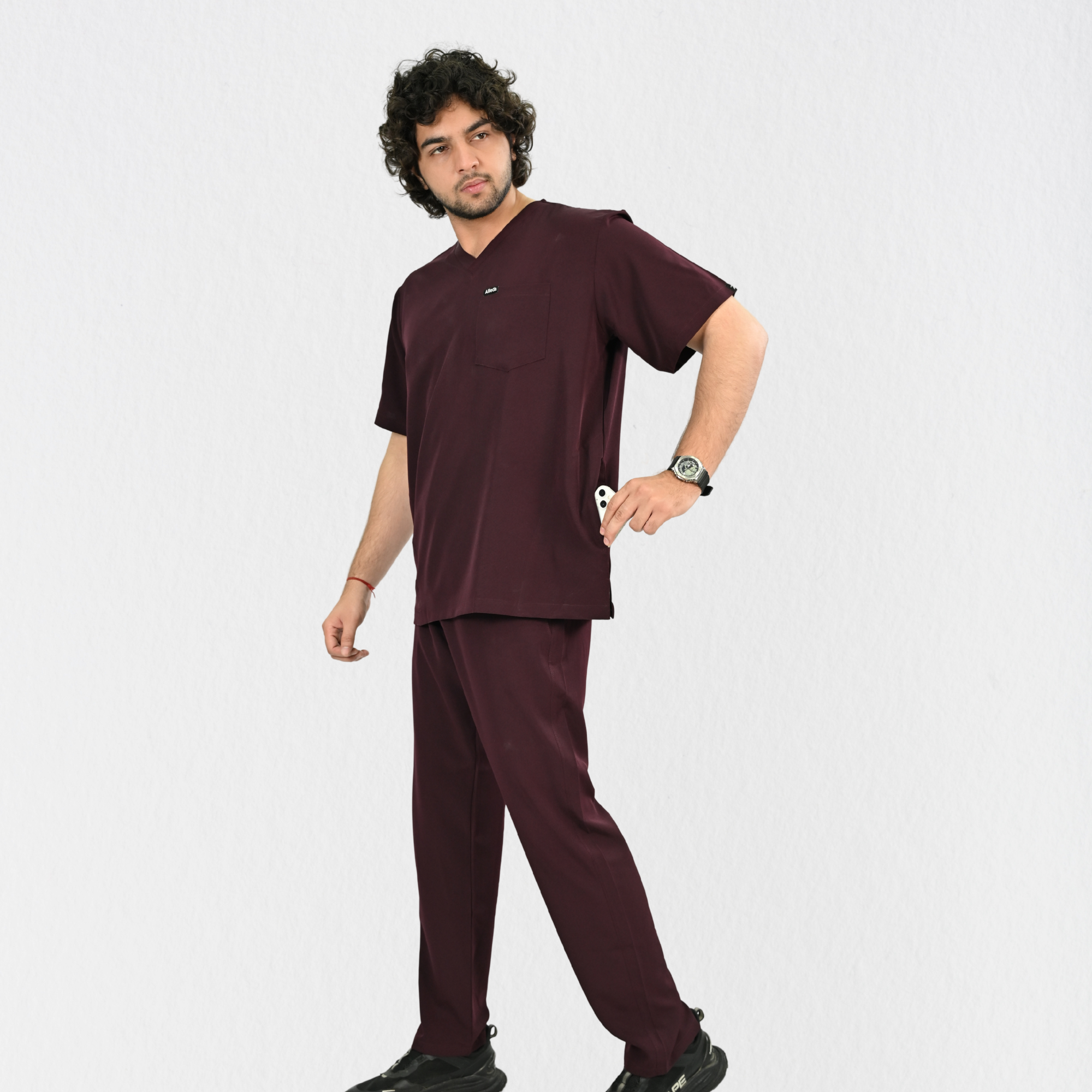 Men PrimaFlex 4 Way Stretch 8 Pocket V Neck Scrub Set - Wine