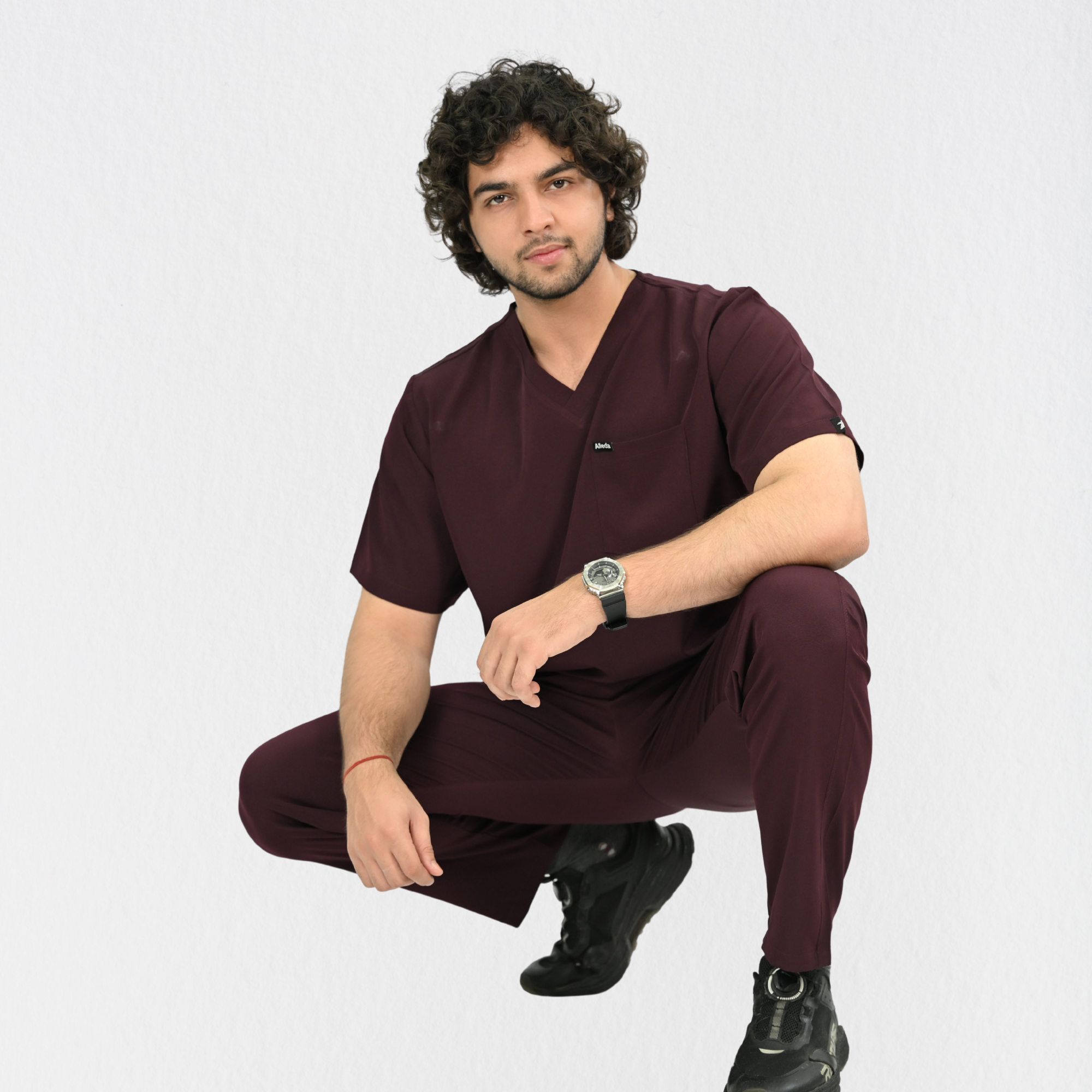 Men PrimaFlex 4 Way Stretch 8 Pocket V Neck Scrub Set - Wine
