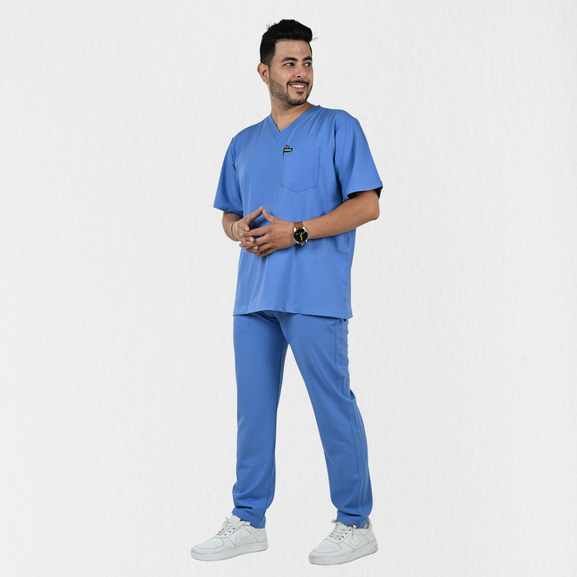 Alleda UltraFlex men's ciel blue 4-way stretch V-neck medical scrub set — hero front full-body view, best sky blue scrubs India