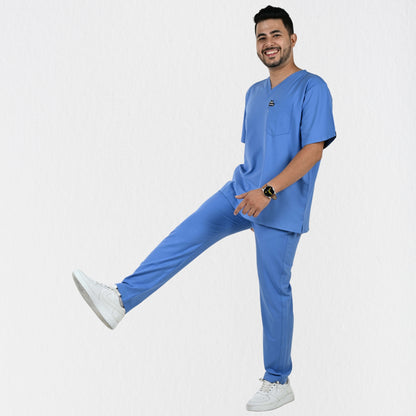 Men UltraFlex 4 Way Stretch 8 Pocket V Neck Scrub Set - Ciel Blue