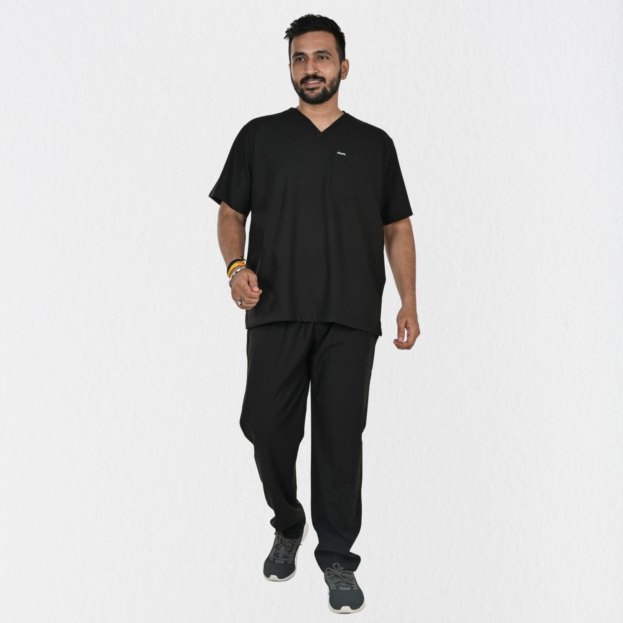 Men UltraFlex 4 Way Stretch 8 Pocket V Neck Scrub Set - Black