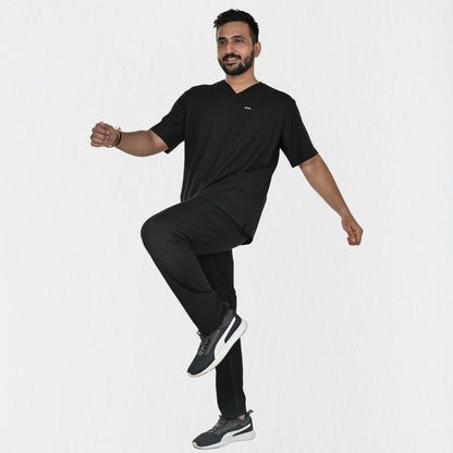 Men UltraFlex 4 Way Stretch 8 Pocket V Neck Scrub Set - Black