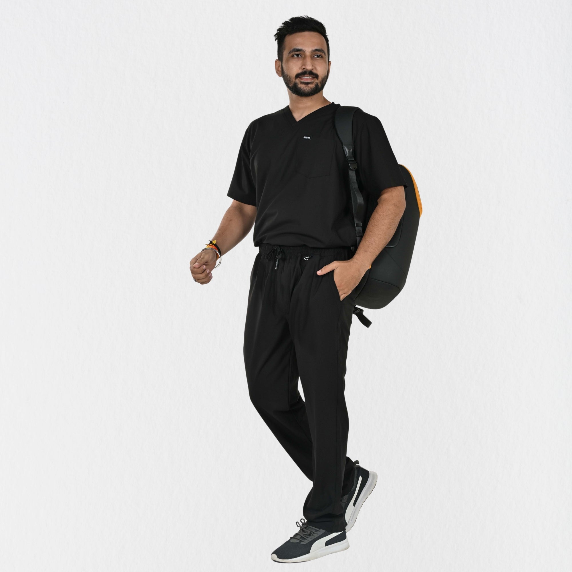 Men UltraFlex 4 Way Stretch 8 Pocket V Neck Scrub Set - Black