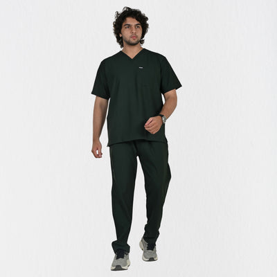 Alleda UltraFlex men's forest green 4-way stretch V-neck medical scrub set — hero front full-body view, best dark green scrubs India