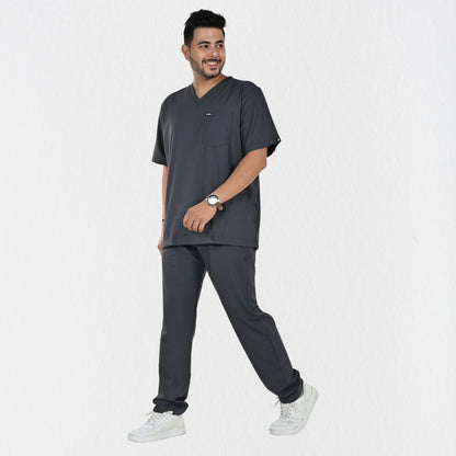 Men UltraFlex 4 Way Stretch 8 Pocket V Neck Scrub Set - Heather Grey