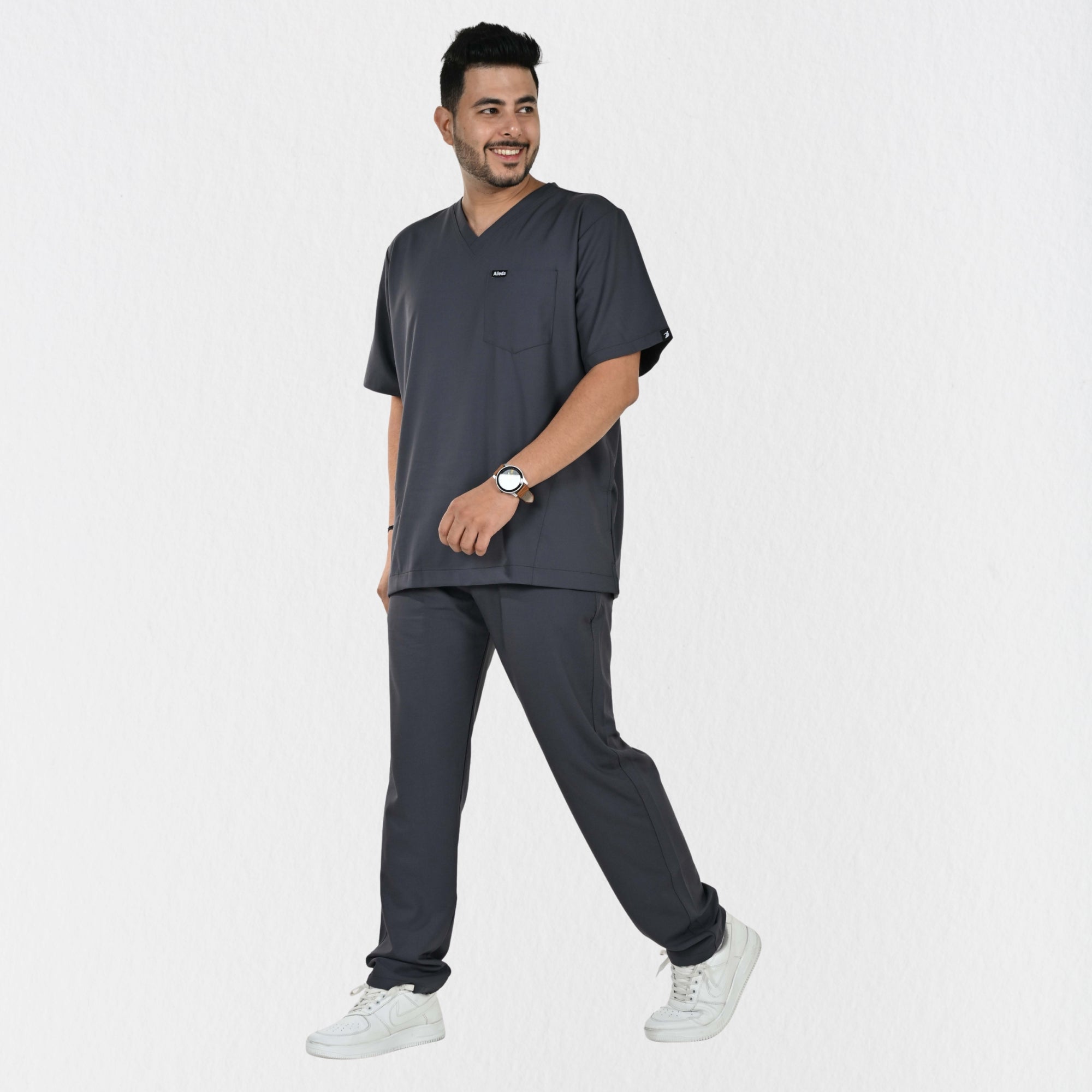 Men UltraFlex 4 Way Stretch 8 Pocket V Neck Scrub Set - Heather Grey
