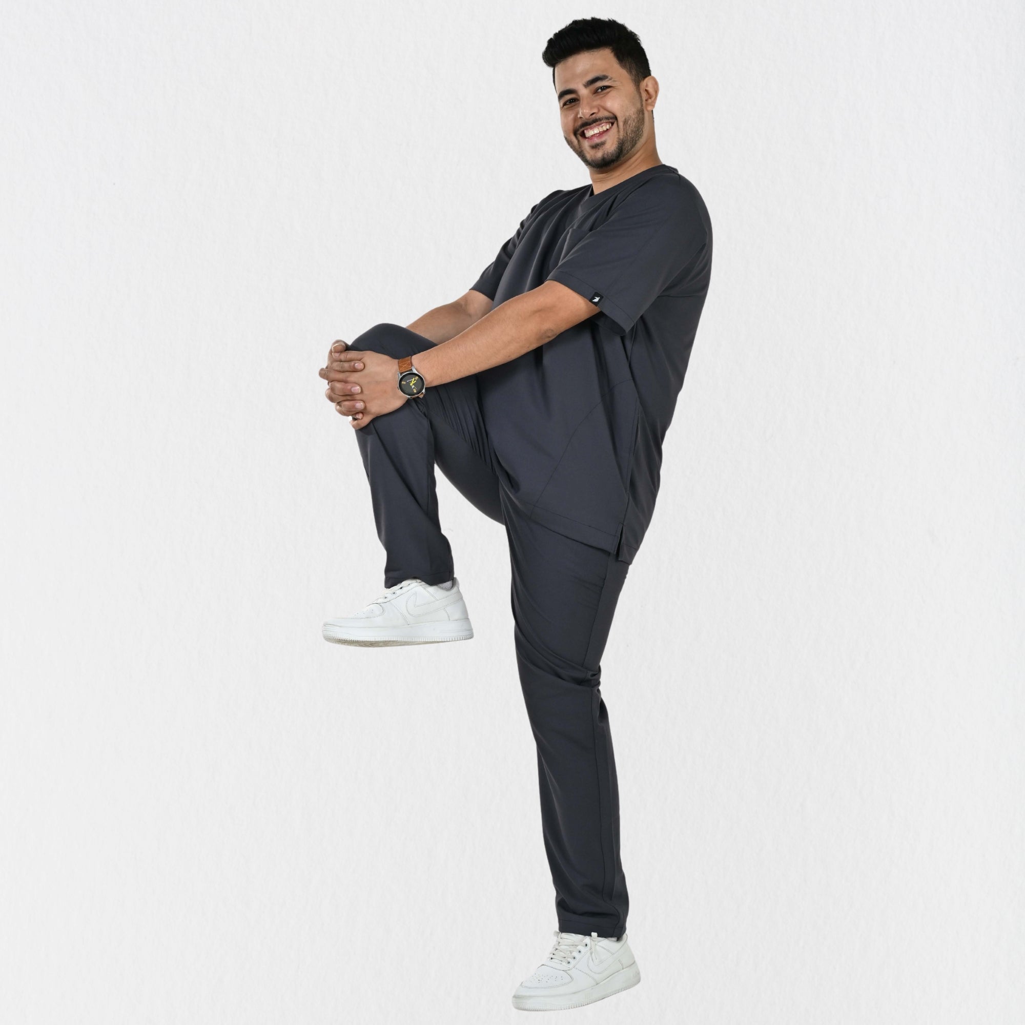 Men UltraFlex 4 Way Stretch 8 Pocket V Neck Scrub Set - Heather Grey