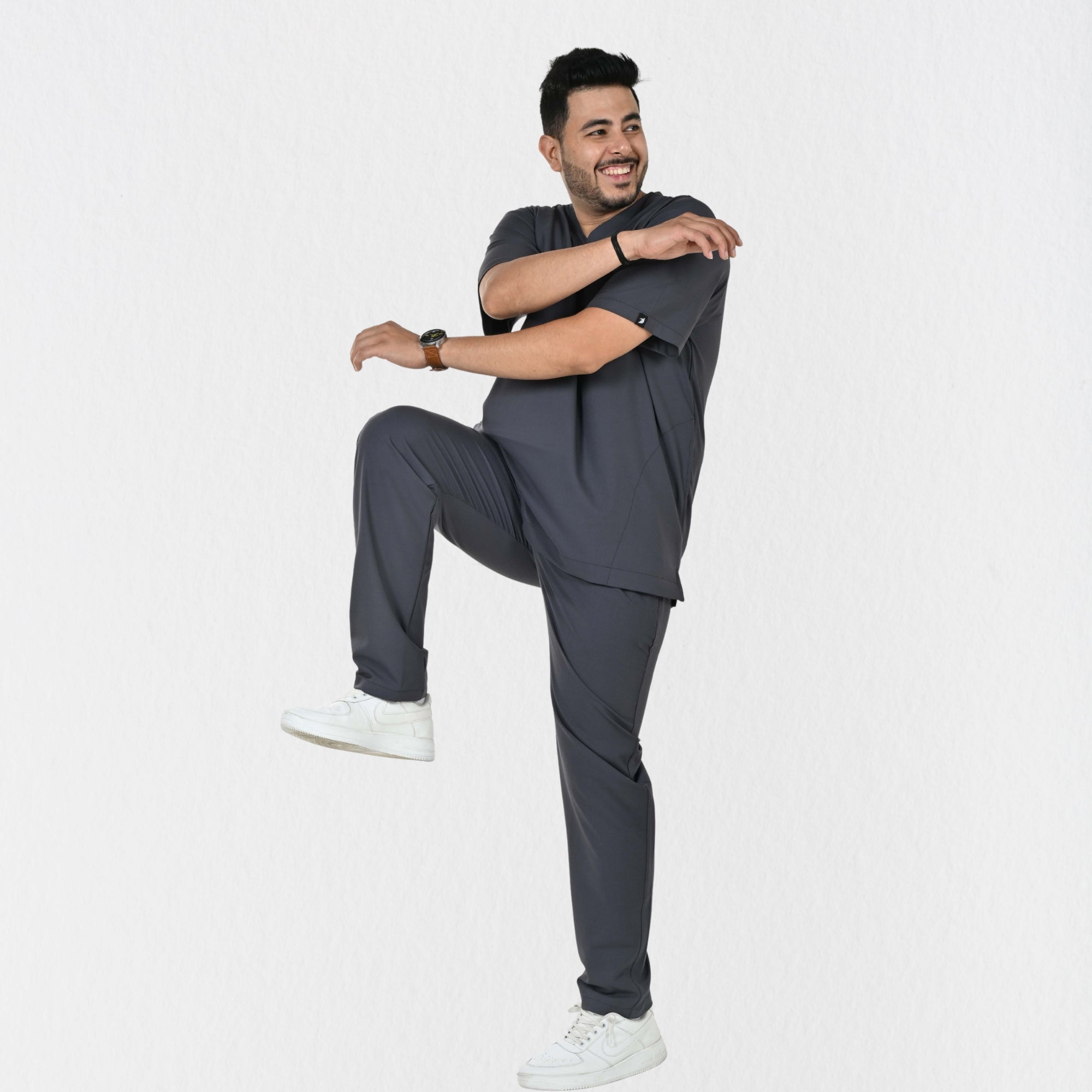 Men UltraFlex 4 Way Stretch 8 Pocket V Neck Scrub Set - Heather Grey