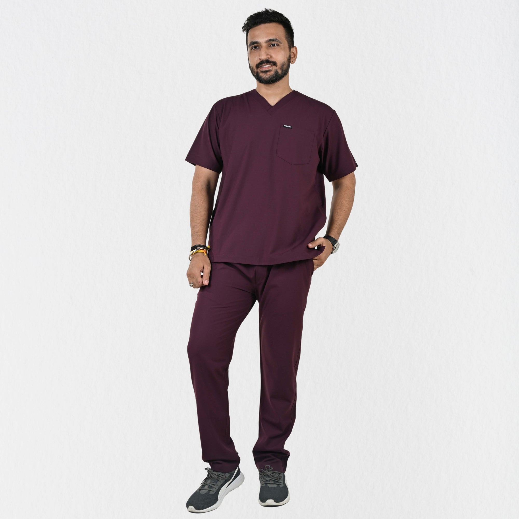 Alleda UltraFlex men's wine 4-way stretch V-neck medical scrub set — front view India

