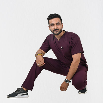 Men UltraFlex 4 Way Stretch 8 Pocket V Neck Scrub Set - Wine