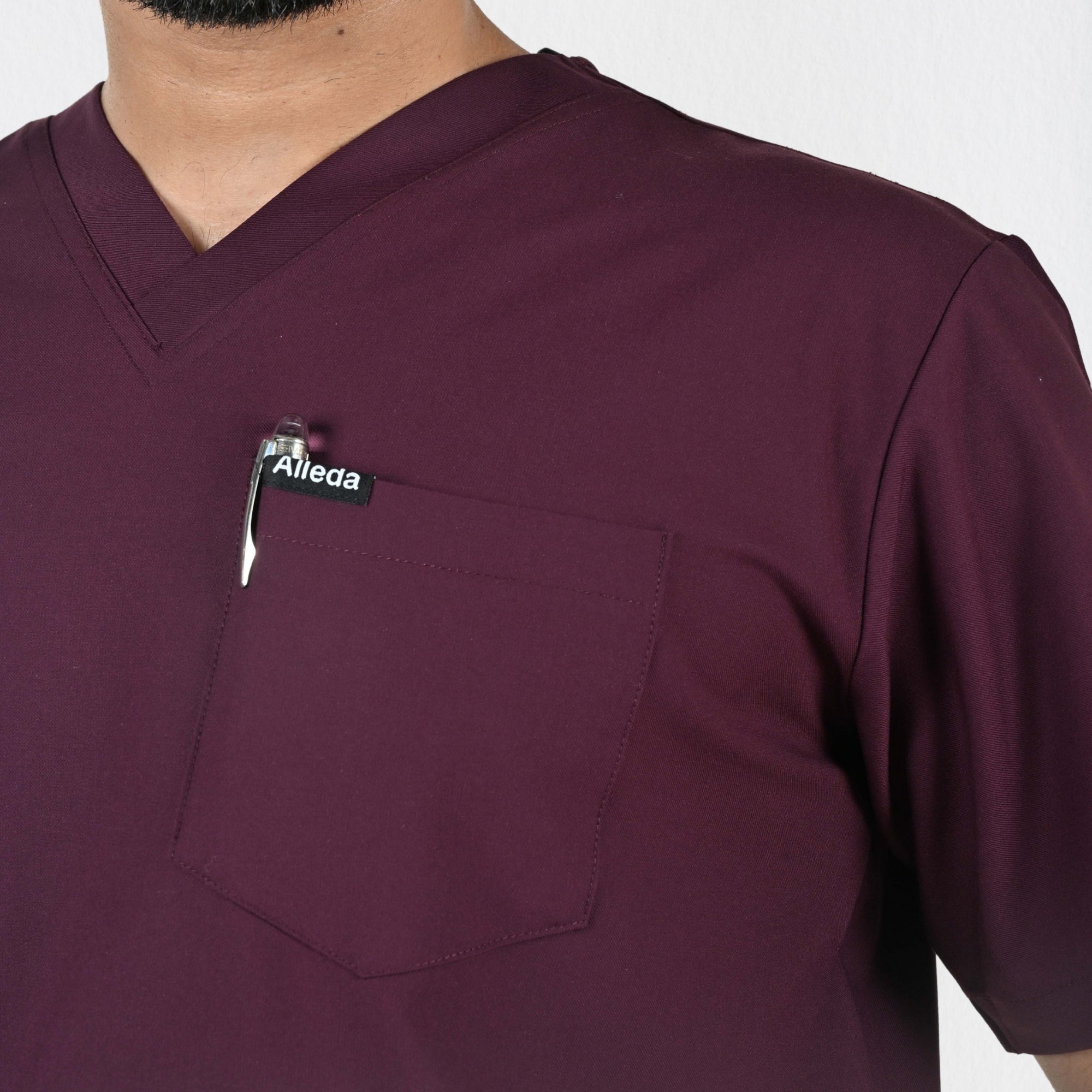 Men's premium wine maroon scrub set full view — best coloured medical scrubs India 2025 2026