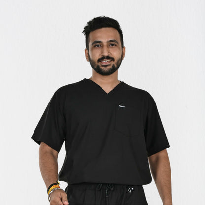 Men UltraFlex 4 Way Stretch 3 Pocket V Neck Scrub Top - Black