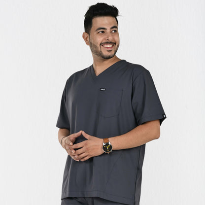 Men UltraFlex 4 Way Stretch 3 Pocket V Neck Scrub Top - Heather Grey