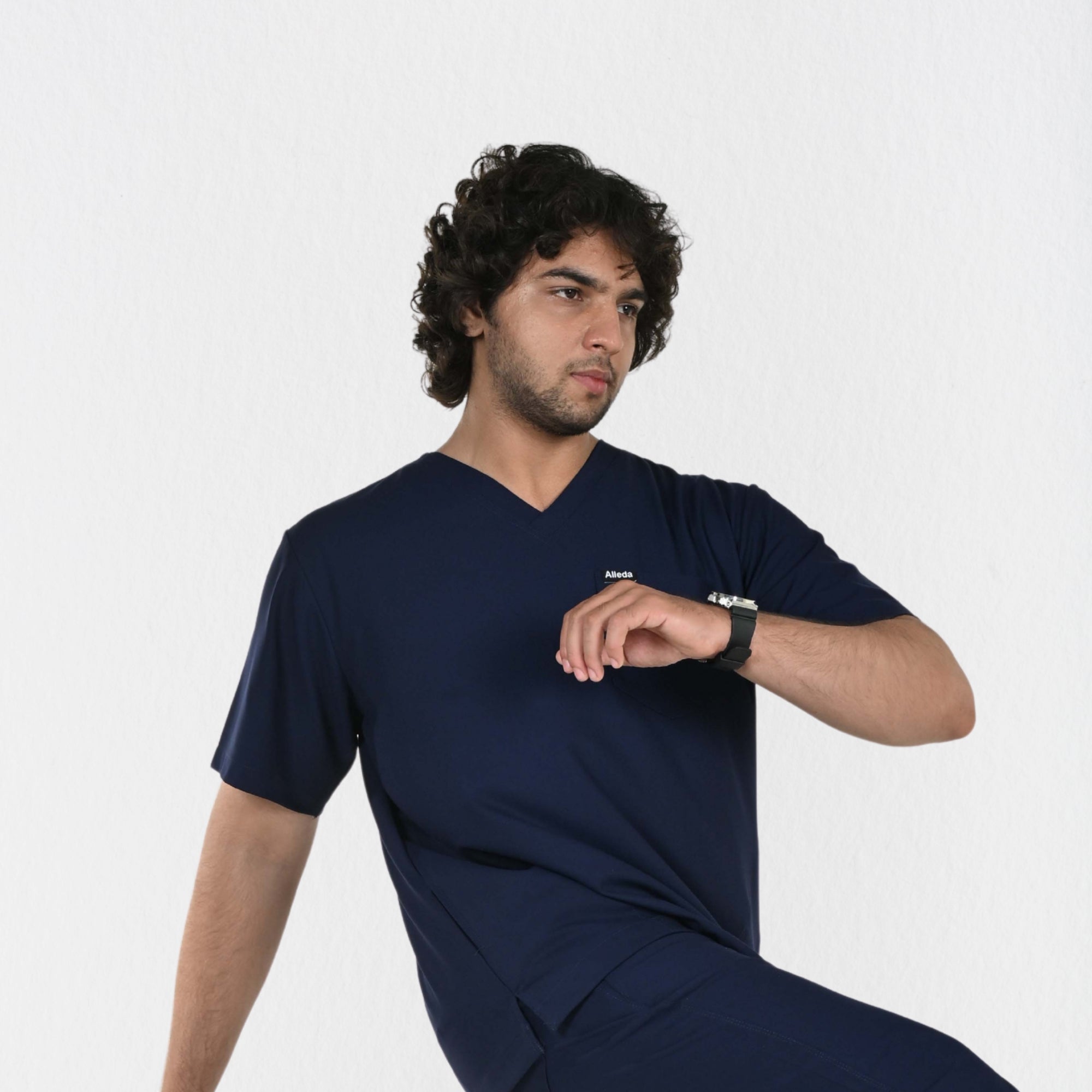 Men UltraFlex 4 Way Stretch 3 Pocket V Neck Scrub Top - Navy Blue
