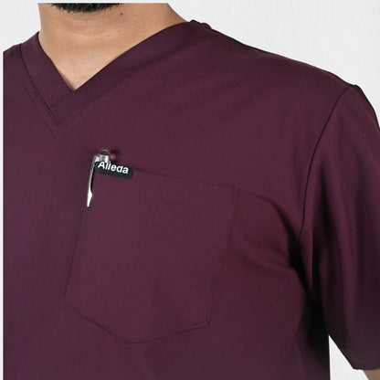 Men UltraFlex 4 Way Stretch 3 Pocket V Neck Scrub Top - Wine