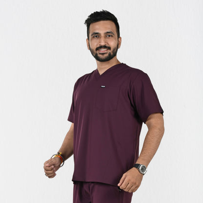Men UltraFlex 4 Way Stretch 3 Pocket V Neck Scrub Top - Wine
