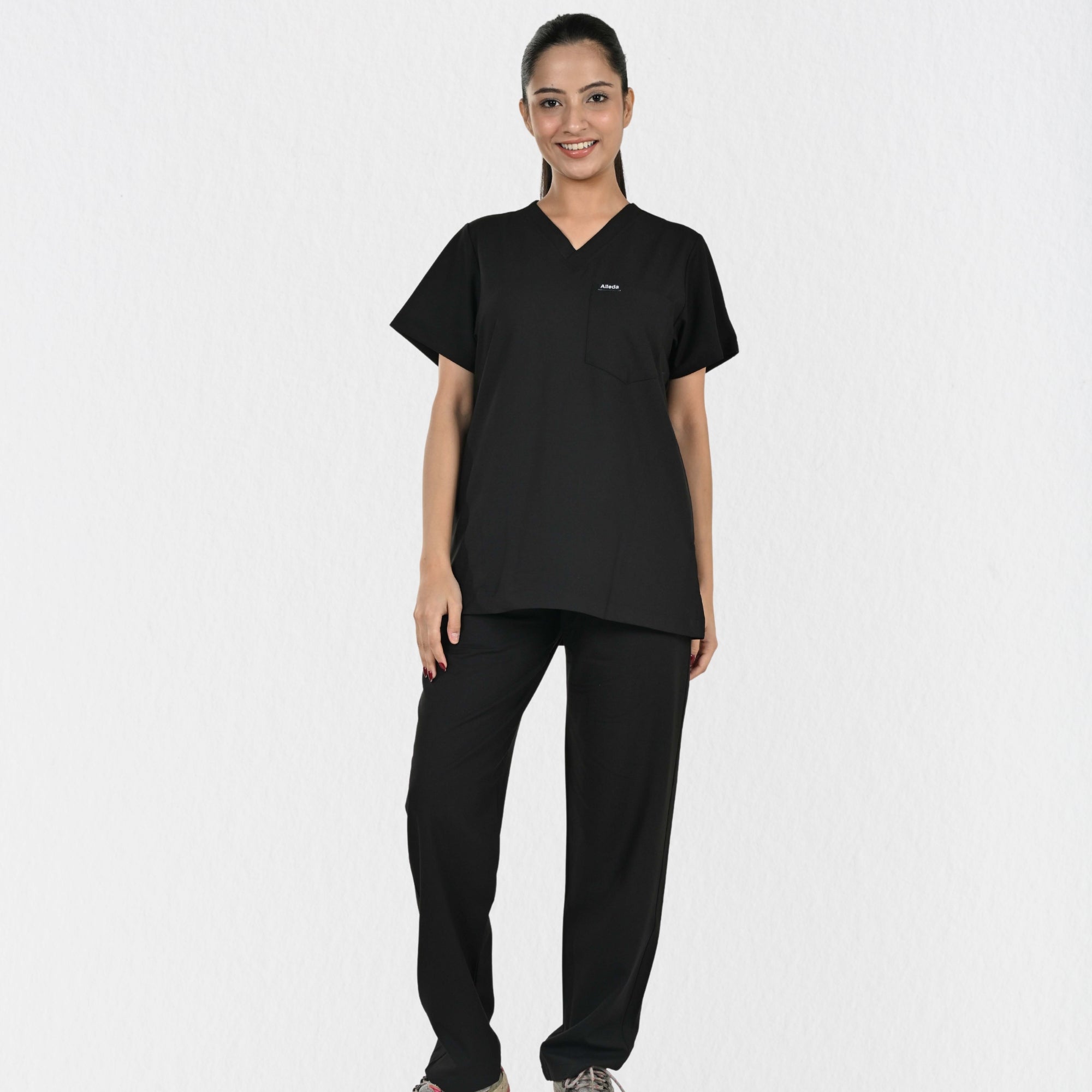 Women UltraFlex 4 Way Stretch 8 Pocket V Neck Scrub Set - Black