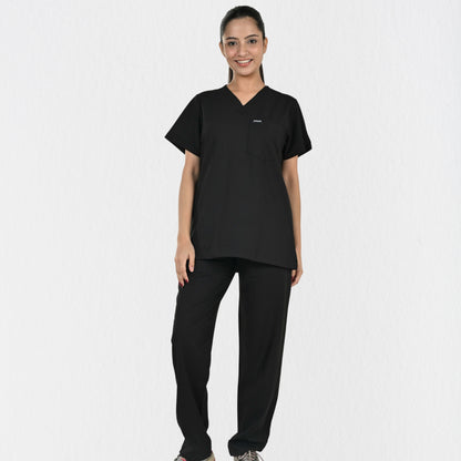Women UltraFlex 4 Way Stretch 8 Pocket V Neck Scrub Set - Black