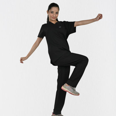 Alleda UltraFlex women's black scrub set full outfit — independent top and bottom sizing 5-pocket bottom, best women's black medical scrubs India 2025 2026
