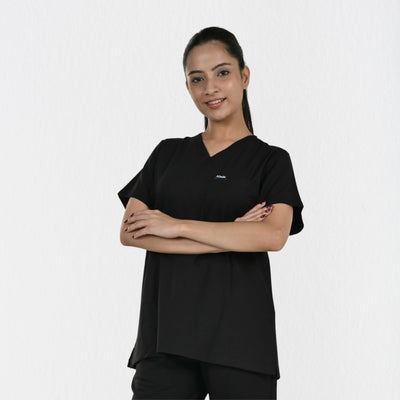Women UltraFlex 4 Way Stretch 3 Pocket V Neck Scrub Top - Black