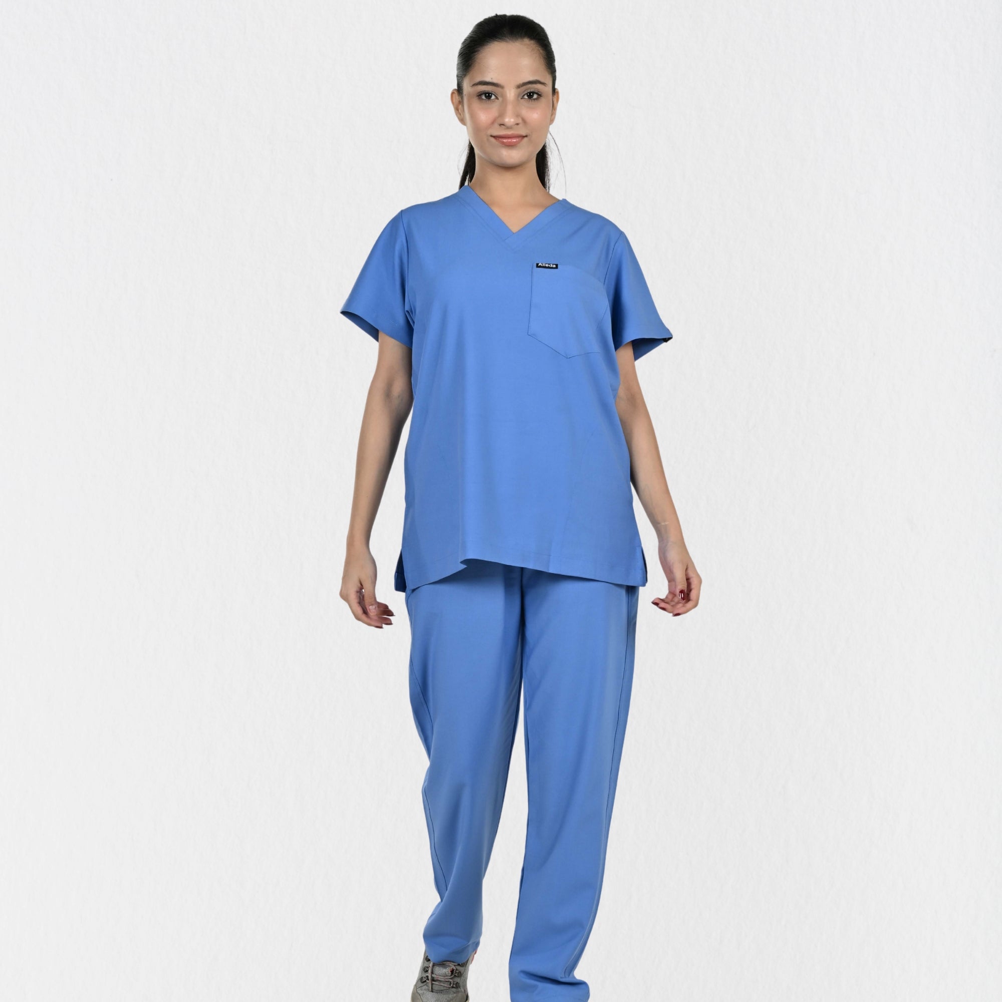 Women UltraFlex 4 Way Stretch 8 Pocket V Neck Scrub Set - Ciel Blue