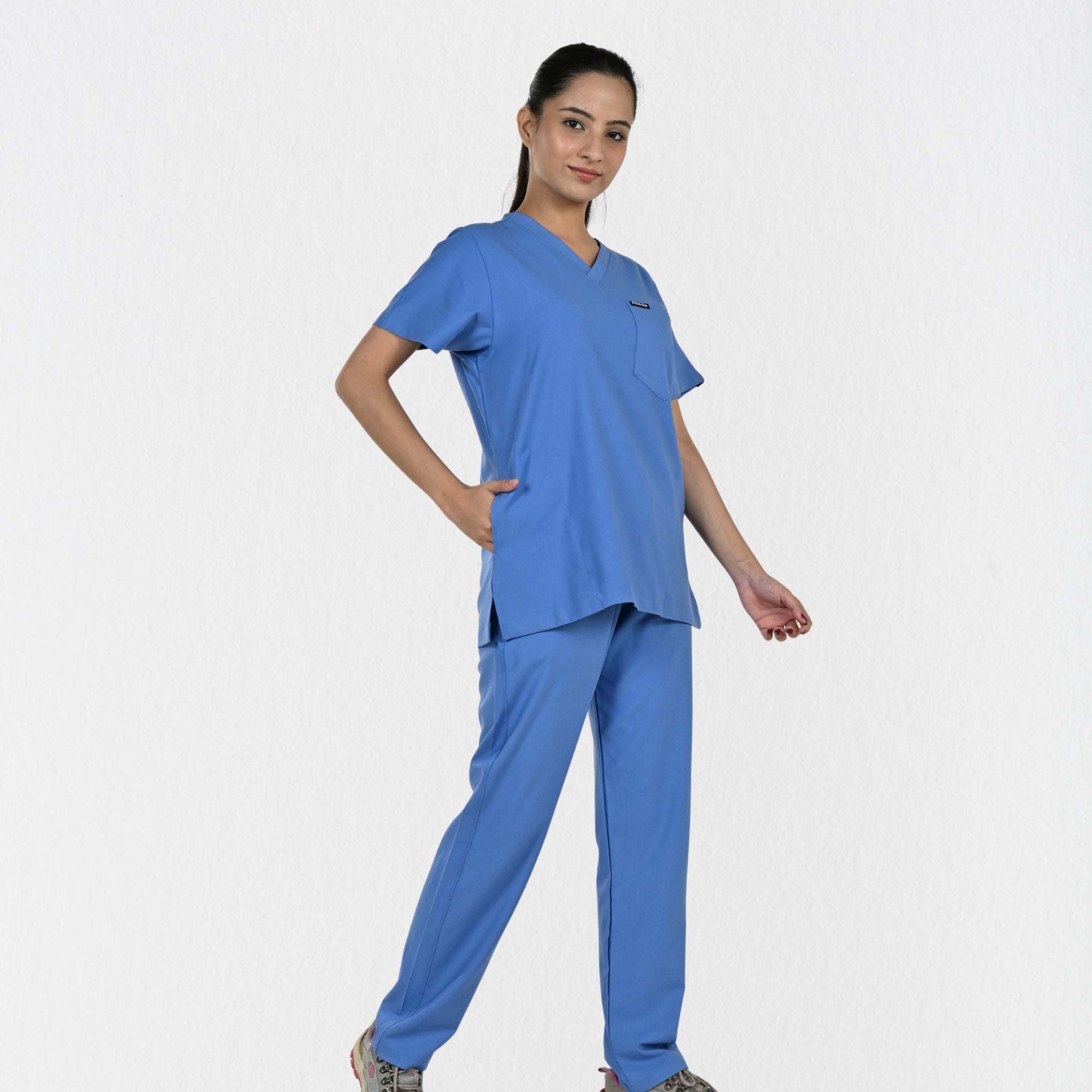 Women UltraFlex 4 Way Stretch 8 Pocket V Neck Scrub Set - Ciel Blue