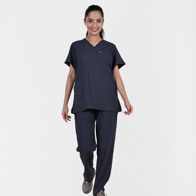 Alleda UltraFlex women's heather grey 4-way stretch V-neck medical scrub set — hero front full-body view, best grey scrubs for women doctors India
