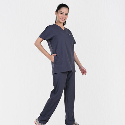 Women UltraFlex 4 Way Stretch 8 Pocket V Neck Scrub Set - Heather Grey
