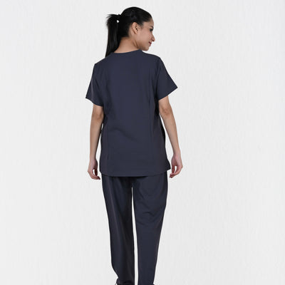 Women's heather grey 4-way stretch scrub set side view — tailored fit for female doctors and physiotherapists, unrestricted movement, grey clinical workwear India
