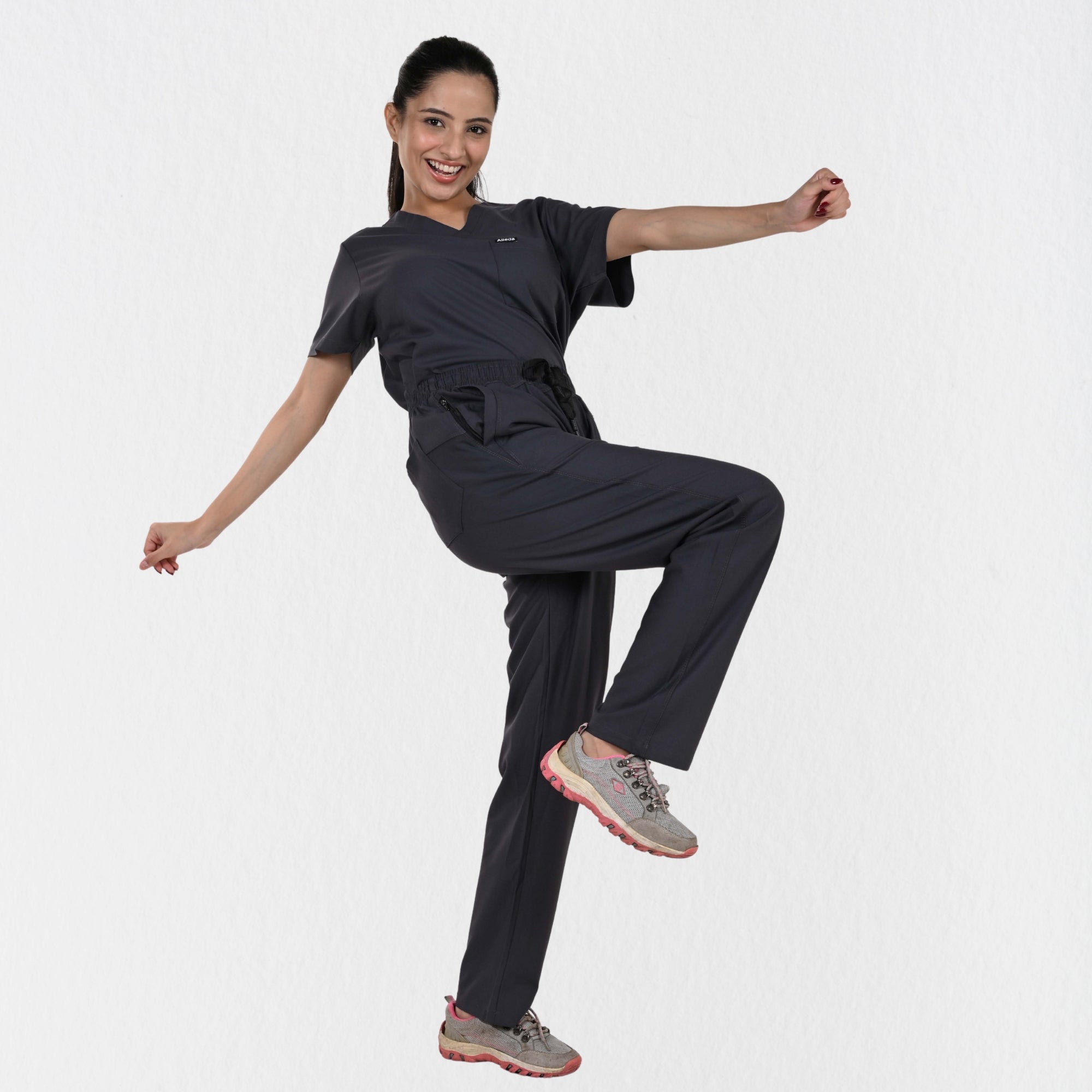 Alleda UltraFlex women's heather grey scrub set full outfit back view — women's tailored fit, best neutral women's medical scrubs India 2025 2026
