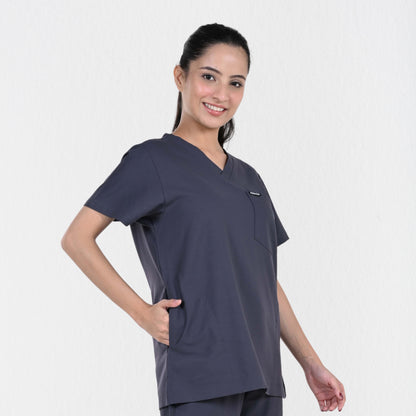 Women UltraFlex 4 Way Stretch 3 Pocket V Neck Scrub Top - Heather Grey