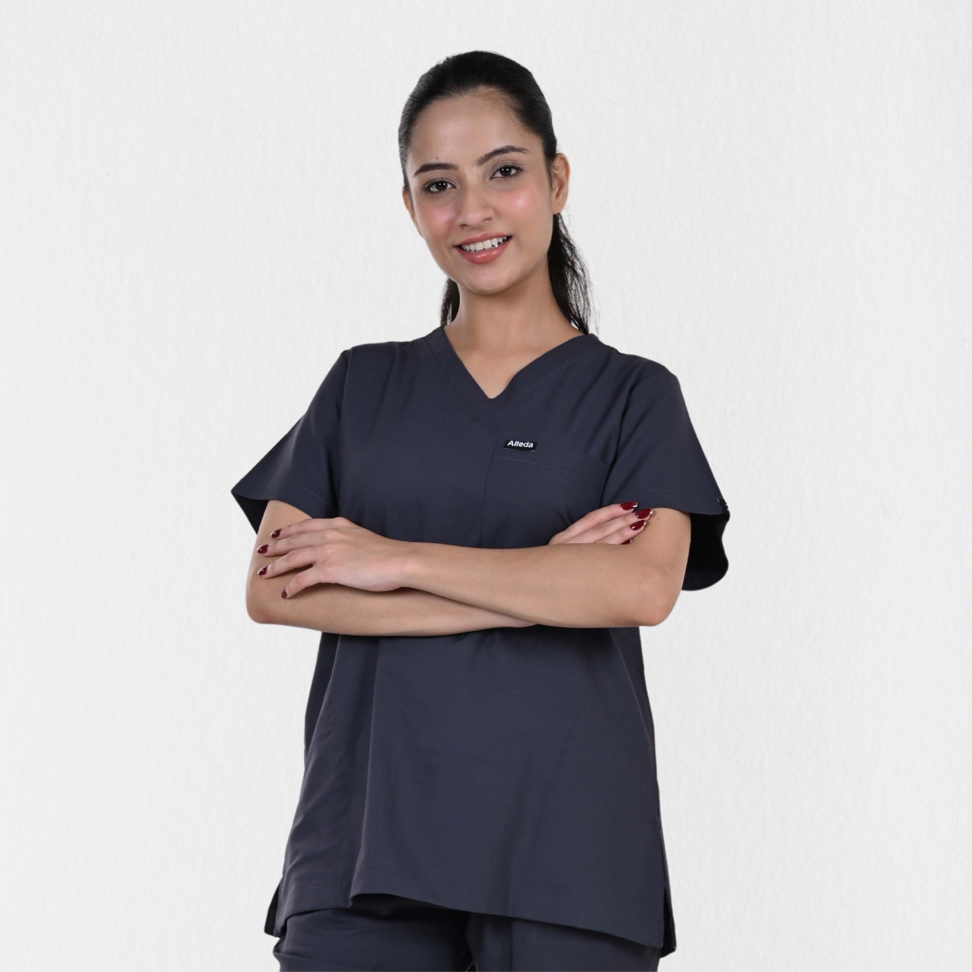 Women UltraFlex 4 Way Stretch 3 Pocket V Neck Scrub Top - Heather Grey