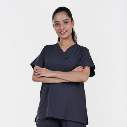Women UltraFlex 4 Way Stretch 3 Pocket V Neck Scrub Top - Heather Grey