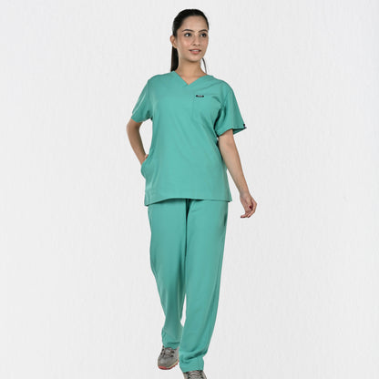 Women UltraFlex 4 Way Stretch 8 Pocket V Neck Scrub Set - Surgical Green