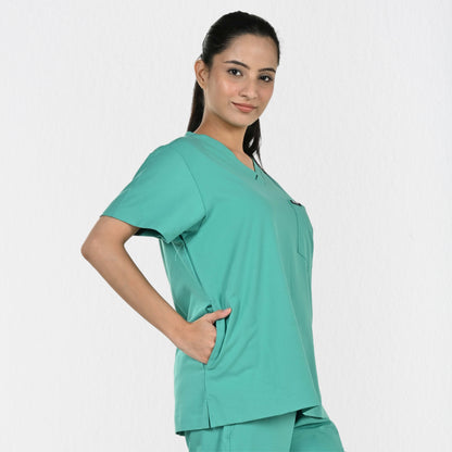 Women UltraFlex 4 Way Stretch 3 Pocket V Neck Scrub Top - Surgical Green