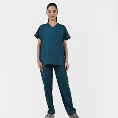 Alleda UltraFlex women's teal V-neck scrub top — chest pocket and neckline detail, premium women's teal medical scrubs Indian skin tones India

