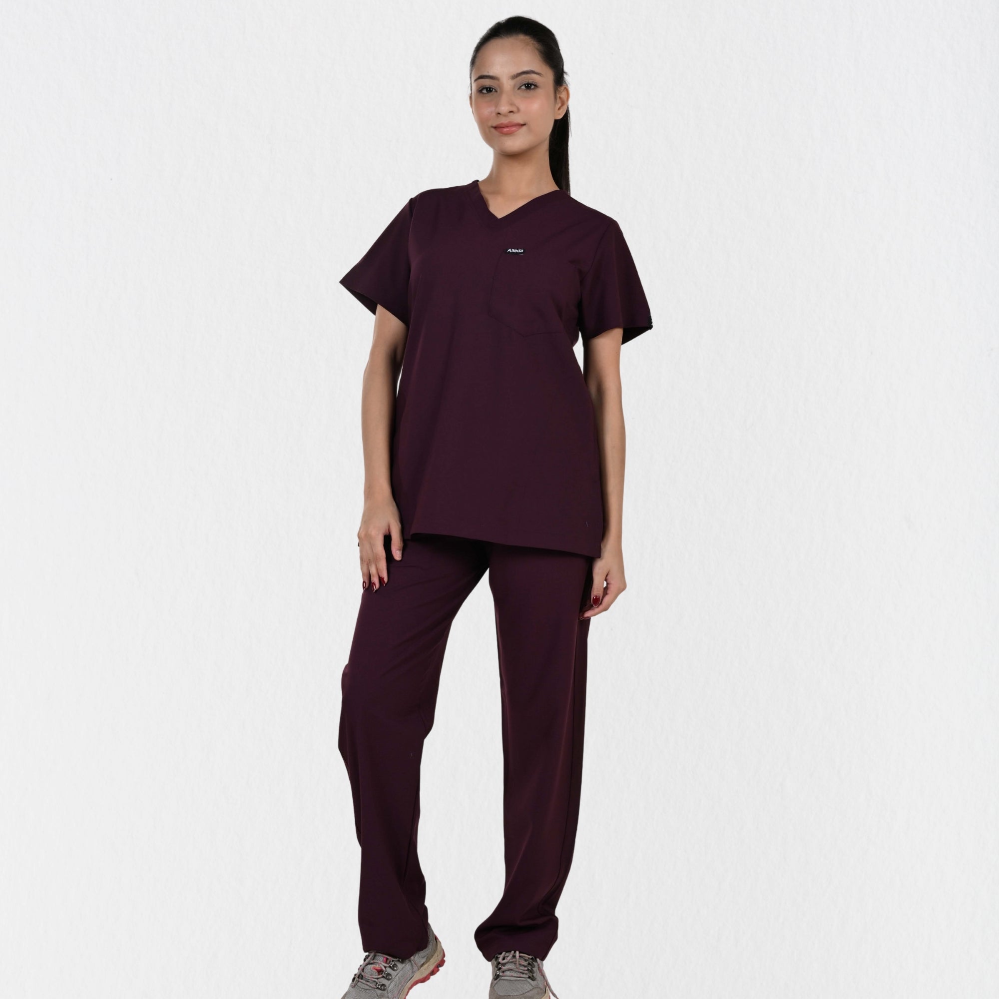 Women UltraFlex 4 Way Stretch 8 Pocket V Neck Scrub Set - Wine