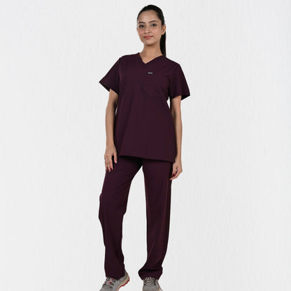 Women UltraFlex 4 Way Stretch 8 Pocket V Neck Scrub Set - Wine