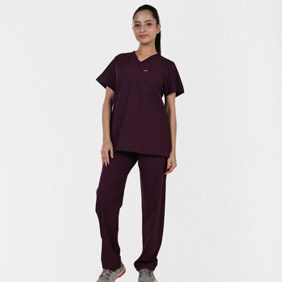 Alleda UltraFlex women's wine 4-way stretch V-neck medical scrub set — hero front, independent top bottom sizing, best wine scrubs for women doctors India
