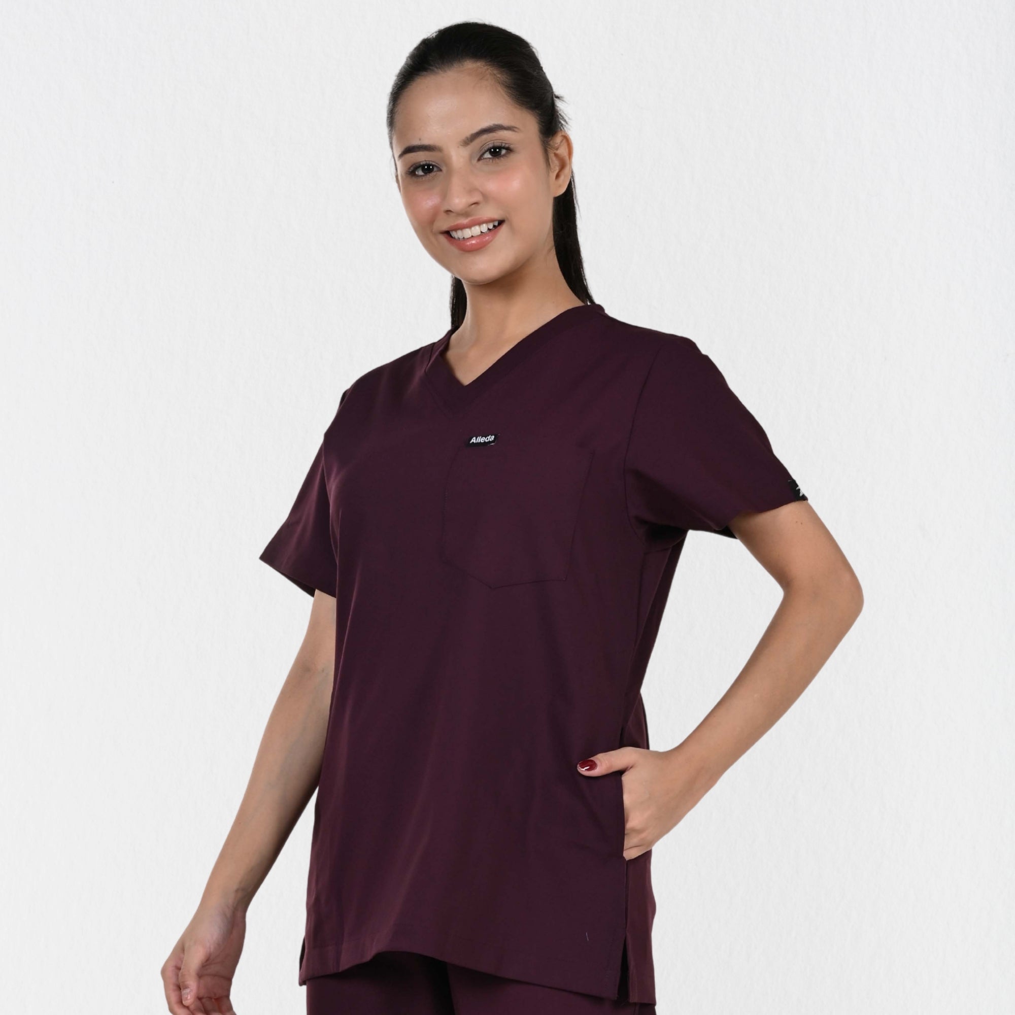 Women UltraFlex 4 Way Stretch 3 Pocket V Neck Scrub Top - Wine