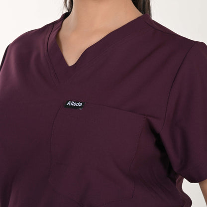 Women UltraFlex 4 Way Stretch 3 Pocket V Neck Scrub Top - Wine
